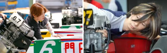 モーター調整をしている門田栞（左）と中田元泰（右）